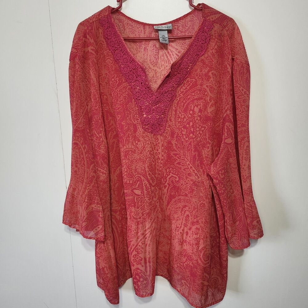 Maggie Barnes Catherines Red Pink Paisley Tunic Blouse Bell Sleeve V Neck 3X